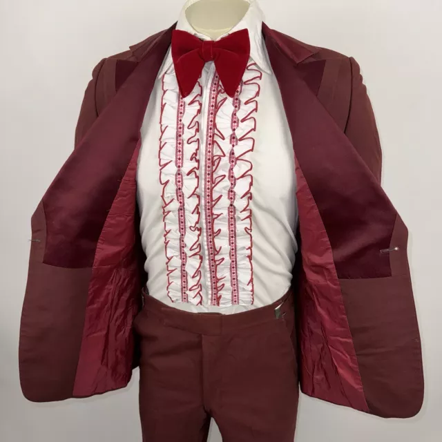 Vtg 60s 70s Tuxedo Suit Mens 41 Jacket 36 33 Pants Disco Retro Prom Mod Burgundy 2