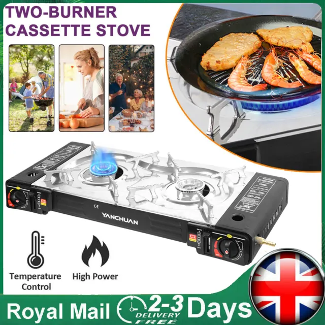 Portable Double 2 Burner Gas Stove Camping Butane Cooker Barbecue BBQ Fishing UK