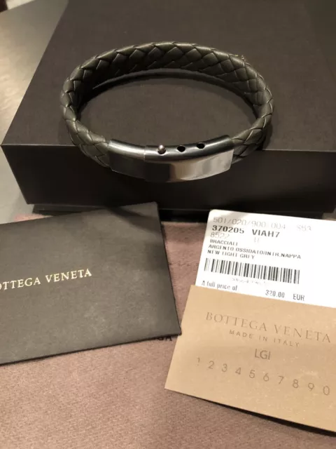 BOTTEGA VENETA 370205 LIGHT GREY LEATHER OXIDIZED SILVER BRACELET Size:Uni NEW