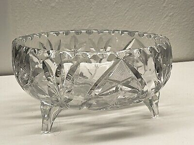 Vintage American Brilliant 3 Footed Candy Bowl Clear Crystal Hand Cut Glass
