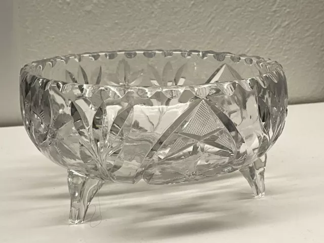 Vintage American Brilliant 3 Footed Candy Bowl Clear Crystal Hand Cut Glass