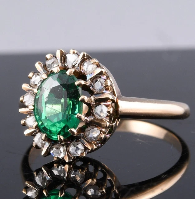 14K Gold Antique Art Deco Mine Cut Diamond & Green Emerald Color Stone Ring