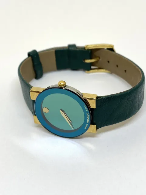 Movado Limited Edition Ladies Gold Tone Museum Green Dial Leather Strap In Box