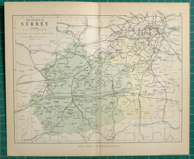 1882 Small Antique County Map ~ Surrey Guildford London Lambeth Southwark