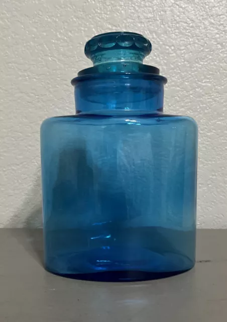 Rare Vintage Apothecary Jar Deep Blue Mold Blown Glass W/ Original Lid 8.5” Tall