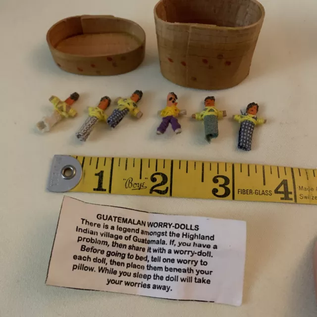 Set of 6 Handmade Miniature 1”  Guatemalan Worry Dolls Family in Wood Bark Box