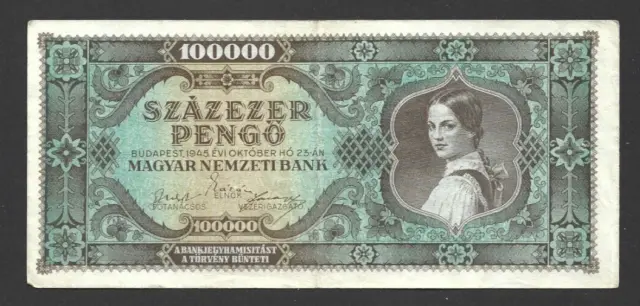 100 000 Pengo Very Fine-Fine  Banknote From  Hungary 1945 Pick-121