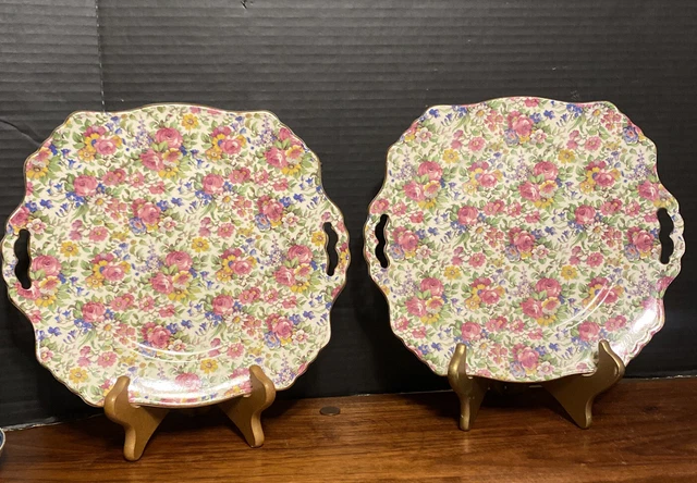 2 Royal Winton Grimwades 1940's Summertime Chintz Ascot Handled Cake Plates 11"