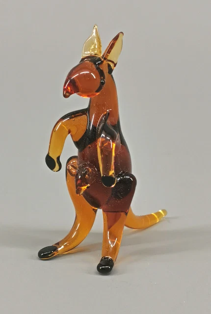 9912059 Miniatura Vetro Figura Canguro Con Bambino Fatto a Mano H6cm