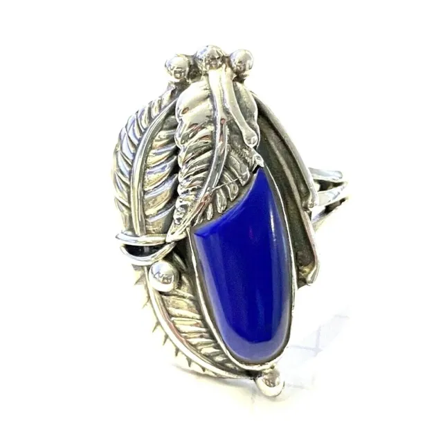 (SIZE 5,6,8,9) LAPIS LAZULI Stone RING Carved Feathers 925 STERLING SILVER