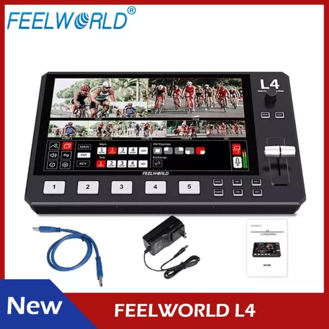 Interruptor mezclador de video multicámara FEELWORLD L4 10.1" pantalla táctil HDMI 5 canales