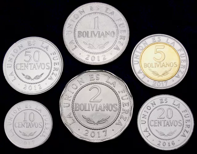 Bolivia 5 Bolivianos to 10 Centavos 2012 to 2017 UNC Set - 6 pcs (GLCS-003)
