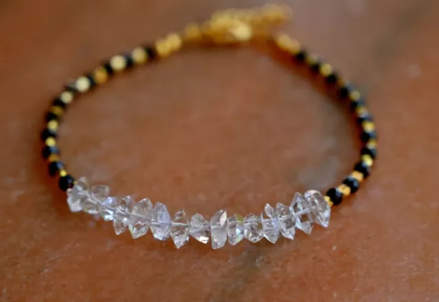 Black Tourmaline+White Herkimer Diamond Quartz Gemstone Beaded Bracelet 7".