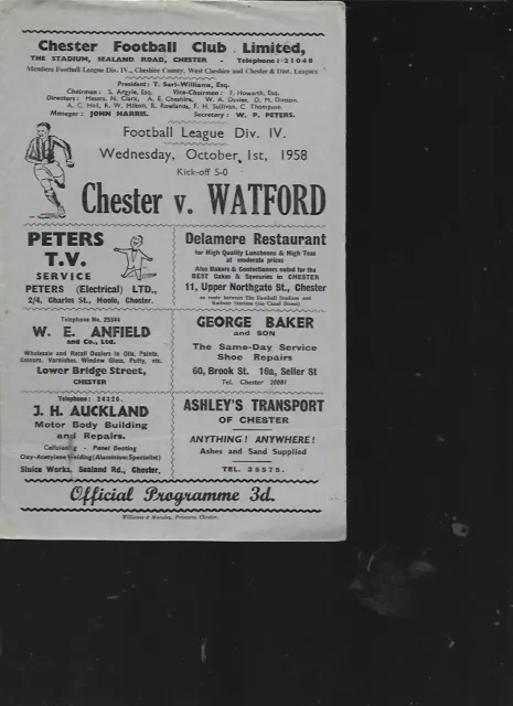 CHESTER v WATFORD - 1958/59 PROGRAMME IN GOOD CONDITION