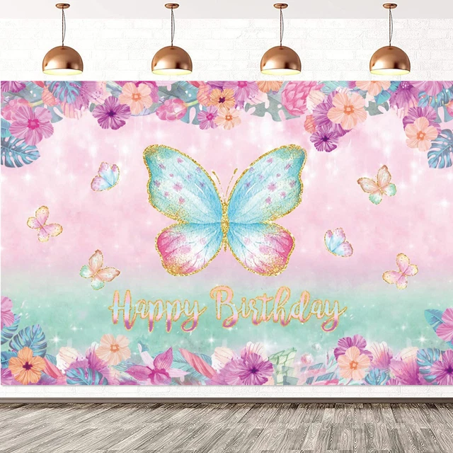 BUTTERFLY BIRTHDAY PARTY Backdrop Decor Girl Shower Background Banner ...