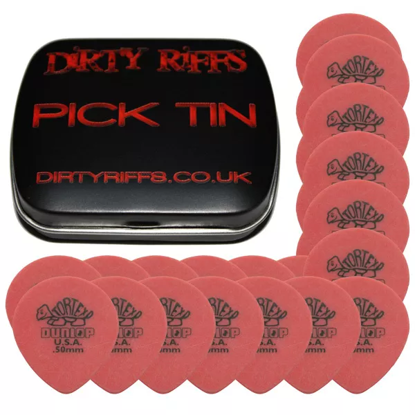 24 x Dunlop Tortex Teardrop Guitar Picks - 0.50mm Red In A Pick Tin