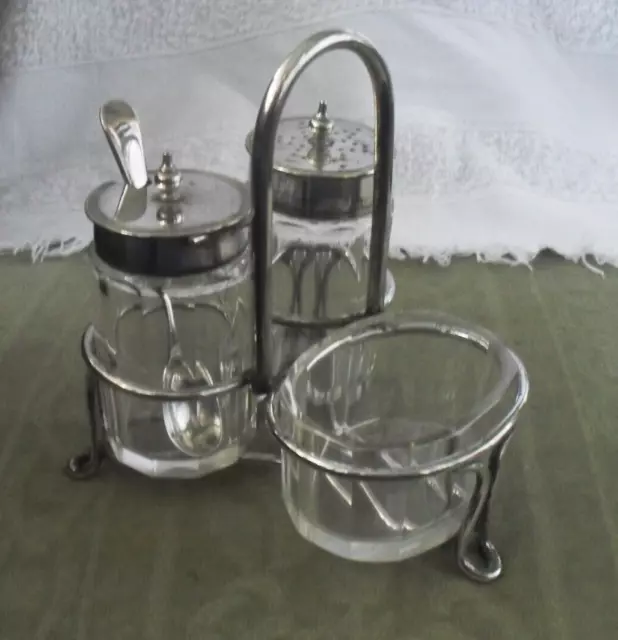 Antique Silver plated & glass cruet set=Salt Pepper & Mustard  spoon in stand