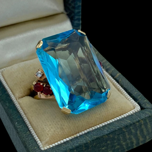 Antique Vintage Deco Retro 18k Gold Santa Maria Aquamarine Ruby Ring Sz 6 11.1g
