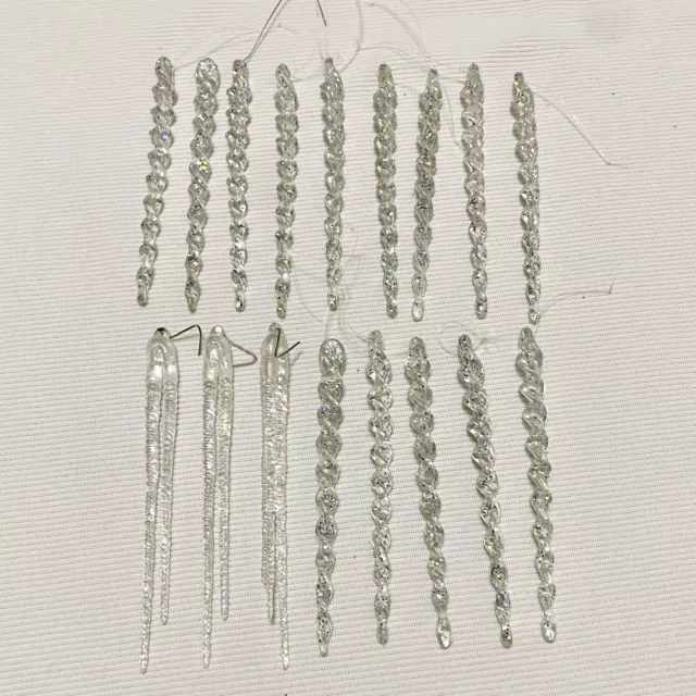 Vintage Silver & Clear Iridescent Plastic Icicle Holiday Christmas Ornaments Lot