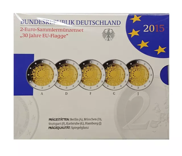 5 x 2 Euro Deutschland 2015 ADFGJ Europaflagge SPIEGELGLANZ