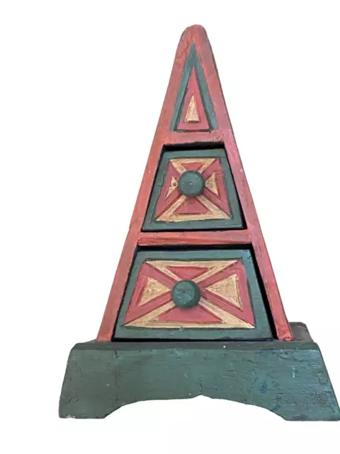 Ancien Petit Meuble Bois Triangle A 2 Tiroirs Style Africain