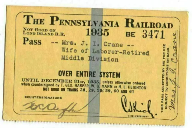 Railroad Pass Pennsylvania Railroad 1935 BE 3471 Mrs J.I. Crane
