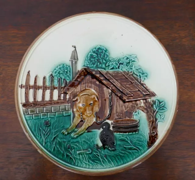 German Majolica Pottery Plate Dog and Black Bird Crow 7.5"