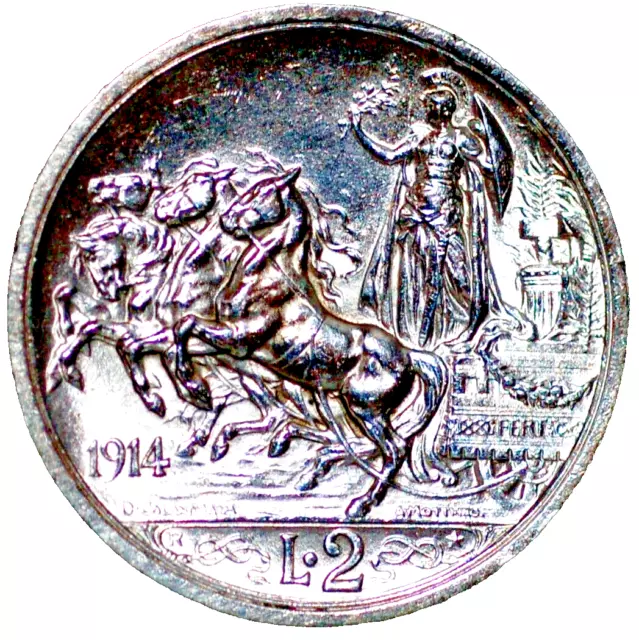 Italy 2 Lire 1914 Vittorio Emanuele III silver KM# 55