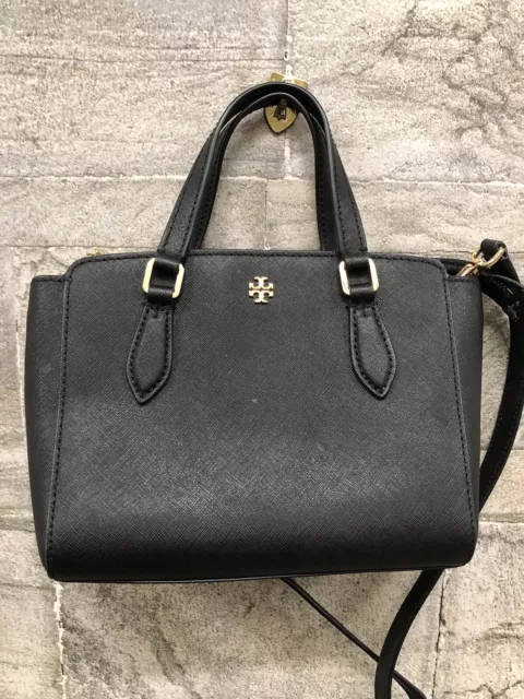 Tory Burch Emerson Black Saffiano Small Mini Top Zip Tote Shoulder Crossbody Bag