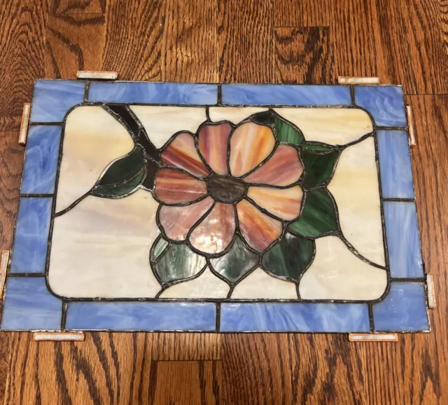 Vintage STAINED GLASS Floral Flower PANEL 9” X 14" Insert Blue Tabs Window Glass