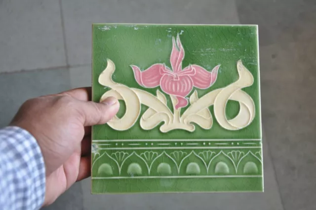 4 Pc Vintage Majolica Leaves & Flower Art Nouveau Architecture Tiles,Japan 3