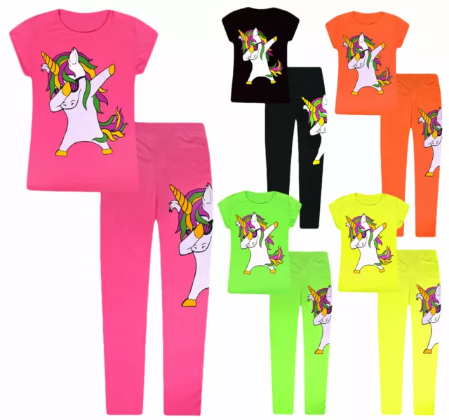 Girls Unicorn Set Kids Short Sleeve Top And Leggings Neon Colors Ages 4-13 Years