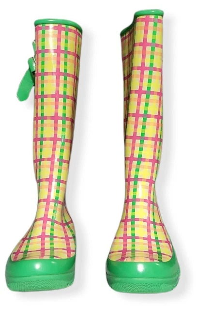 SPERRY Top-Sider 'Pelican' green/coral plaid fleece-lined SNOW RAIN BOOTS SPERRY Top-Sider 'Pelican' green/coral plaid fleece-lined SNOW RAIN BOOTS