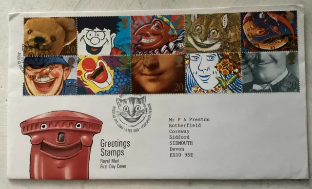 GB QEII 1990 Greetings Booklet Pane Royal Mail FDC Bureau Cheshire Cat SHS