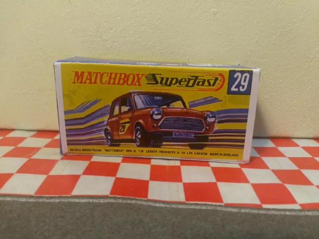 Matchbox Lesney Superfast N29 Racing Mini, Repro EMPTY Box Only  NO Car