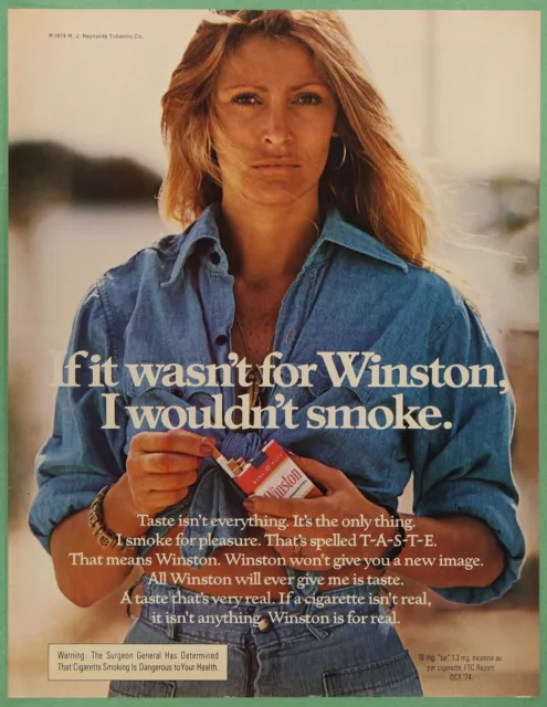 Winston Cigarettes Blonde Woman Denim Blouse Vintage Print Ad 1975