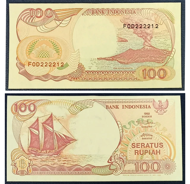 002. Indonesia 100 Rupiah 1992 Almost Solid S/N 222212 aUNC