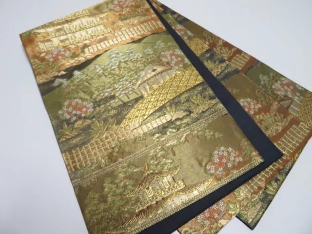 3509Y11z810  Japanese Kimono Silk FUKURO OBI Kinkakuji Gold 170.1x12.2