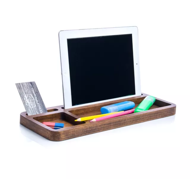 Desk organizer for him Catch all tray Wood cell phone stand Wooden pencil holder