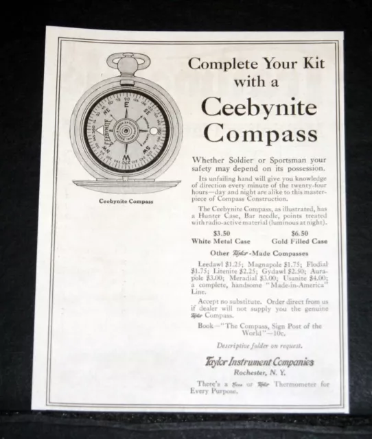 1918 Old Magazine Print Ad, Taylor Ceebynite Compass, Complete Your Kit, Safety!