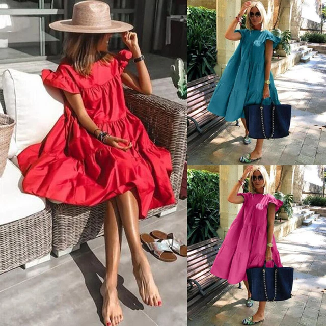 Abito estivo abito sciolto donna vacanze donne volant spiaggia estate swing E E