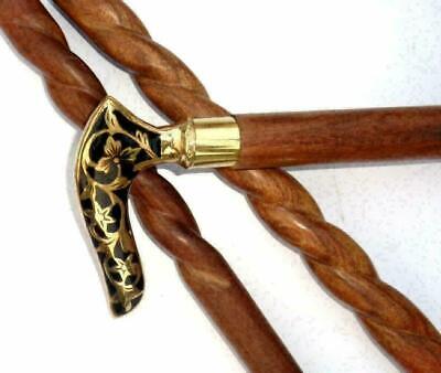 Brass Flower Look Designer Head Handle W/Spiral Curved Wooden Walking stick Cane
