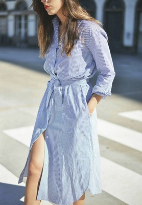 ZARA Studio Poplin Striped Button Down Midi Shirt Dress Blue White 2657/693 M