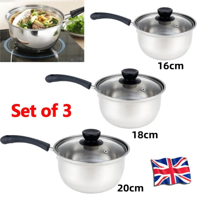 3-Piece Pan Set, Stainless Steel Non Stick Saucepan Cookware Pot w/Glass Lids UK