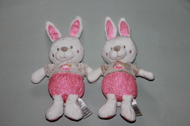 Doudou Mots D'enfants Lapin Blanc Rose Beige Pois Oiseau Lot 2 Neuf