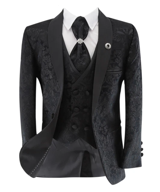 Boys Tuxedo Paisley Floral Pageboy Black Wedding Occasion Party Suit 5 Piece Set