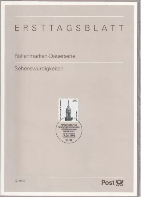 Ersttagsblatt ETB 17/1996 - "Sehenswürdigkeiten - St. Michaelis-Kirche Hamburg"
