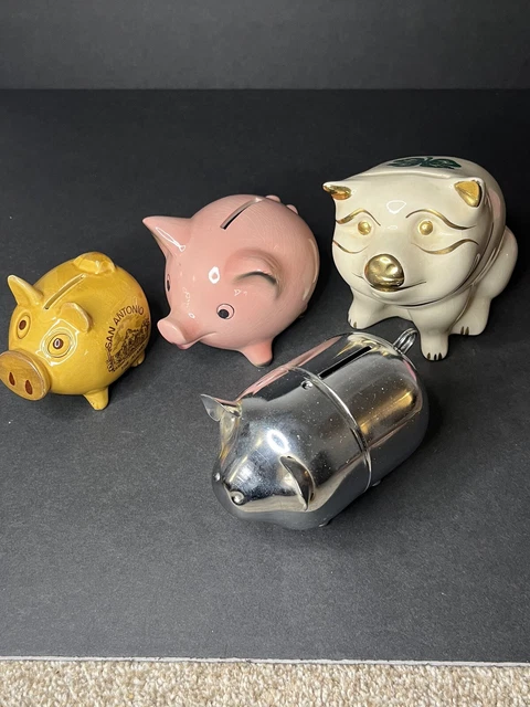 Vintage Ceramic Piggy Bank Pig Lot x4 Pink, Yellow, White, Metal