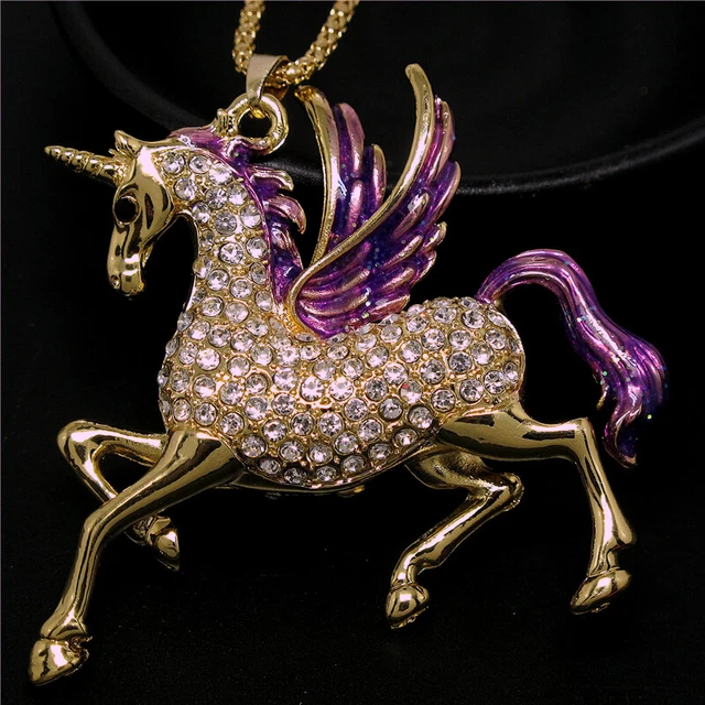 Betsey Johnson Purple Enamel Crystal Unicorn Horse Pendant chain Necklace Gift