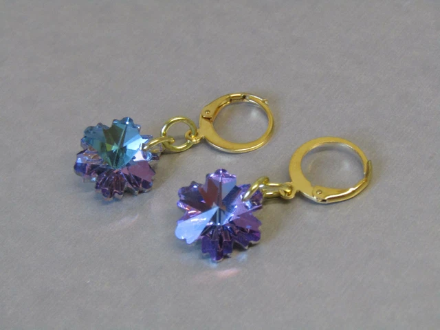 Faceted Light Amethyst Crystal Snowflake Huggie Hoop Lever Gold Plated Earrings